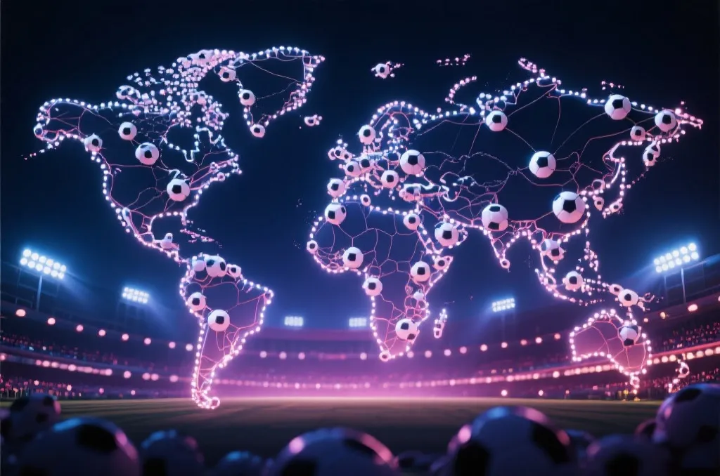 2026 世界杯赛制概念视觉:球场与赛程节点构成的全球网络