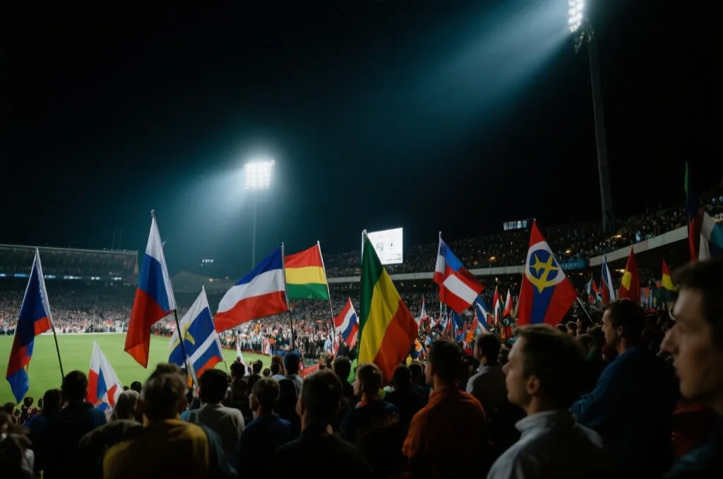扩军后的世界杯氛围:球迷、多国旗帜与大型体育场的热烈夜景