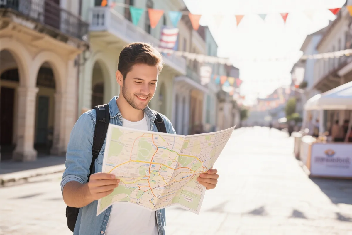 白天的历史街区与世界杯元素装饰，旅人手持地图规划路线，温暖自然光